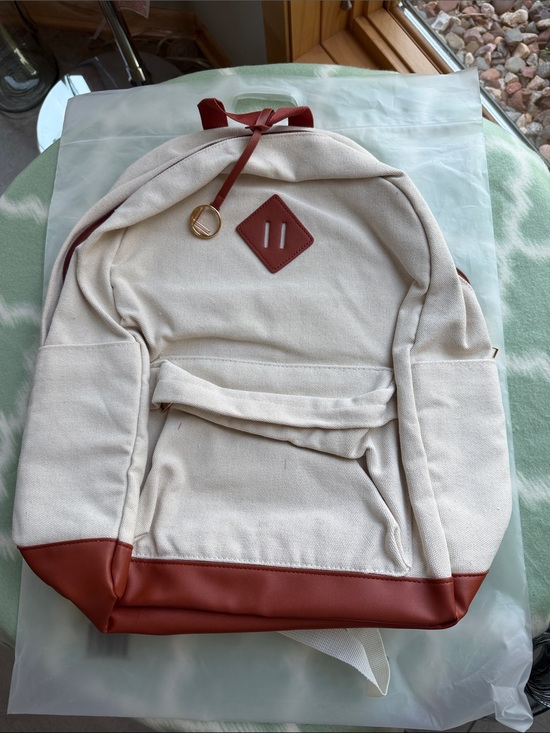 Loulu Handbags - NWT Canvas Backpack in Cream with Brown Trim - Casual Everyday Bag